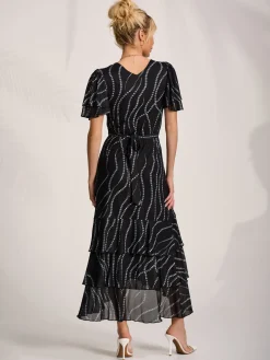 Angel Sleeve Ruffle Hem Mesh Midaxi Dress, Black Spot