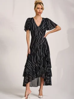 Angel Sleeve Ruffle Hem Mesh Midaxi Dress, Black Spot