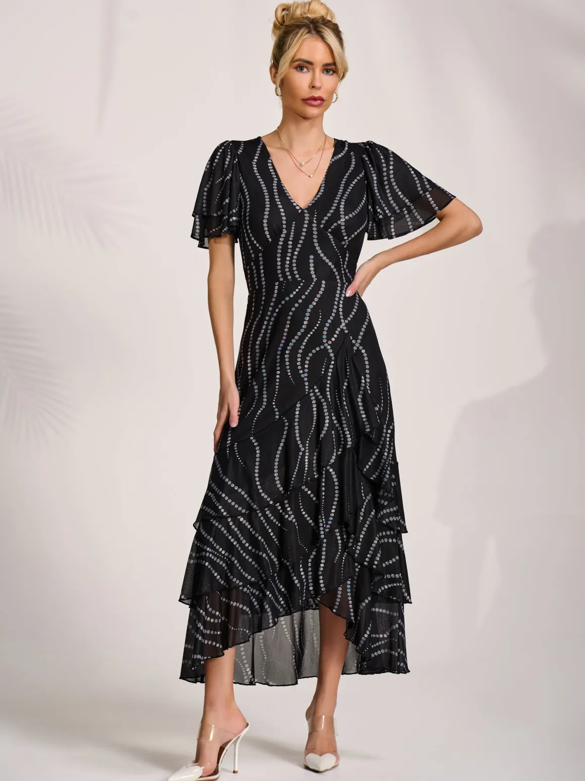 Angel Sleeve Ruffle Hem Mesh Midaxi Dress, Black Spot
