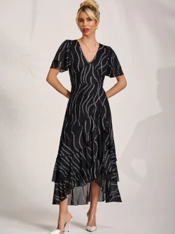 Angel Sleeve Ruffle Hem Mesh Midaxi Dress, Black Spot