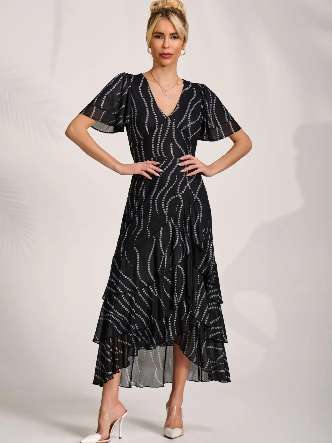 Angel Sleeve Ruffle Hem Mesh Midaxi Dress, Black Spot