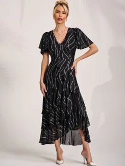 Angel Sleeve Ruffle Hem Mesh Midaxi Dress, Black Spot