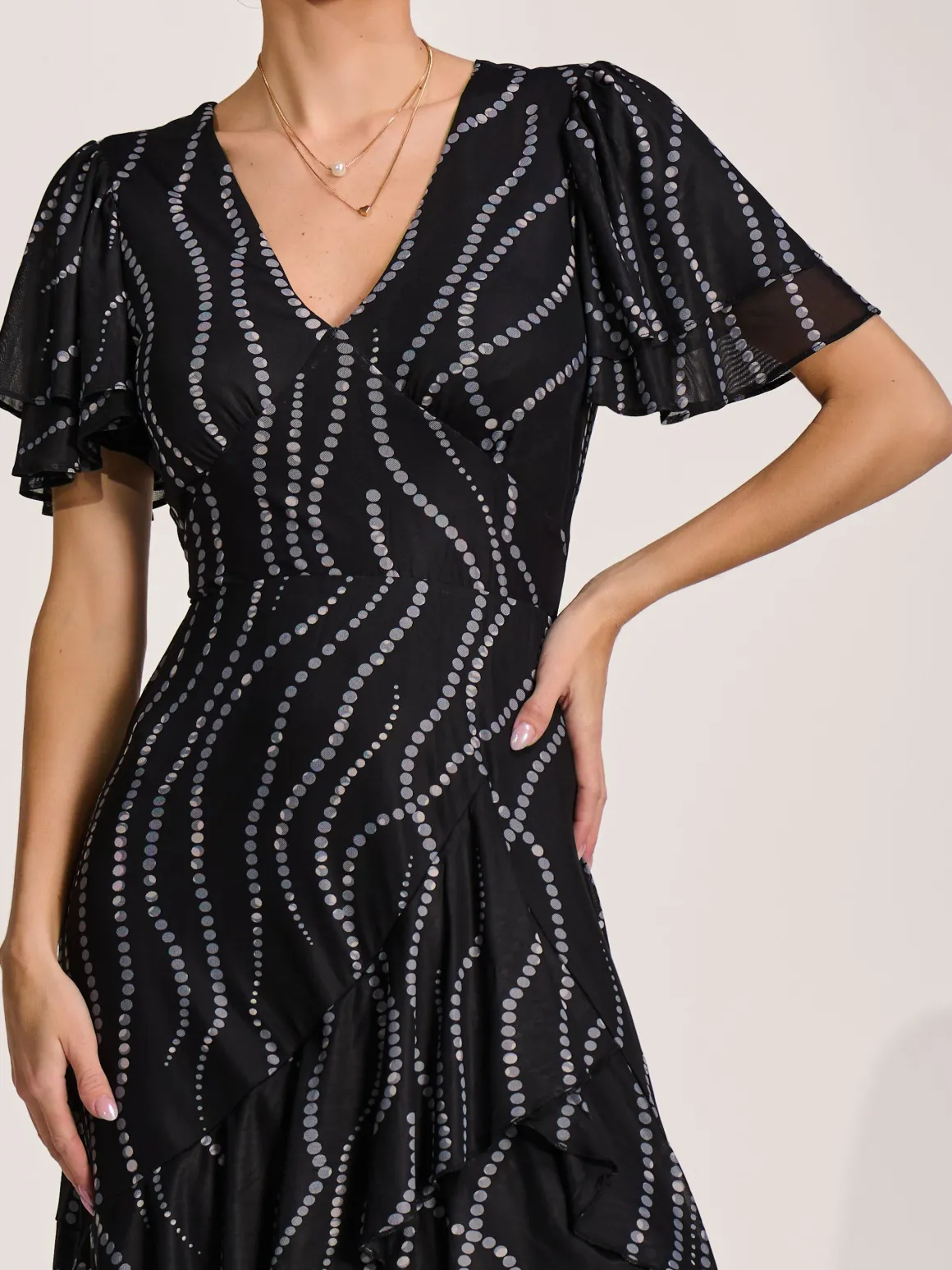Angel Sleeve Ruffle Hem Mesh Midaxi Dress, Black Spot