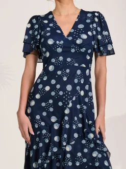 Angel Sleeve Ruffle Hem Mesh Midaxi Dress, Navy Spot