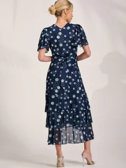 Angel Sleeve Ruffle Hem Mesh Midaxi Dress, Navy Spot