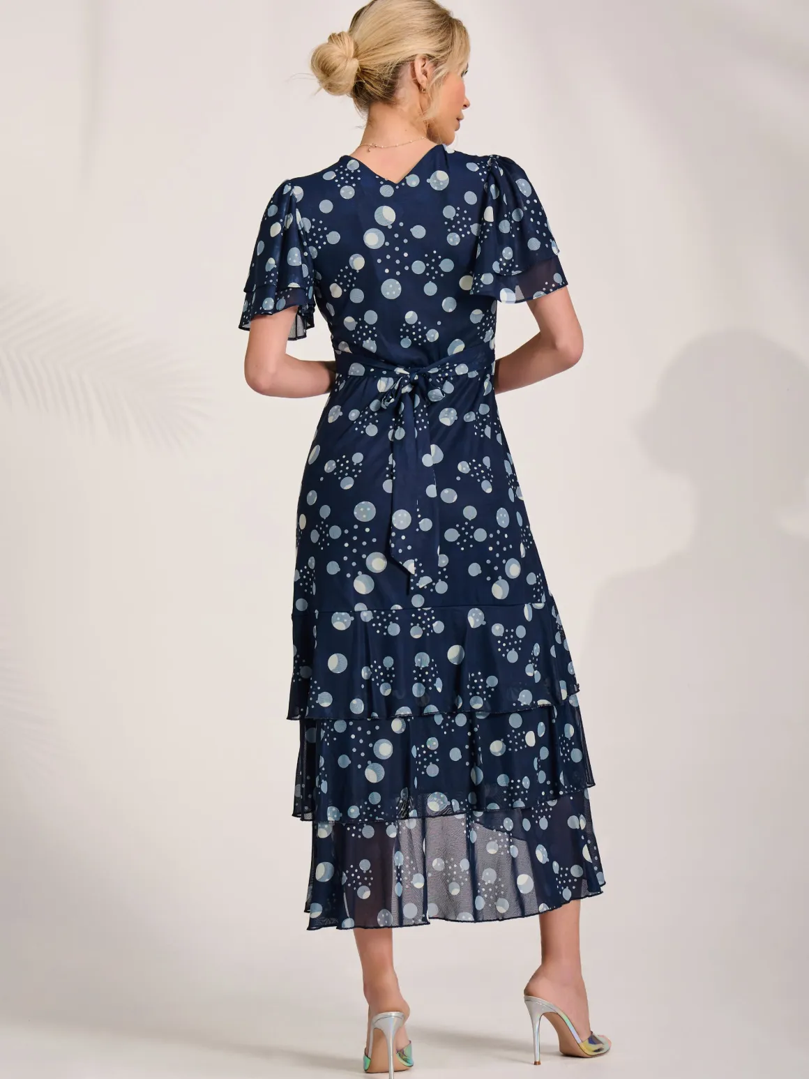 Angel Sleeve Ruffle Hem Mesh Midaxi Dress, Navy Spot