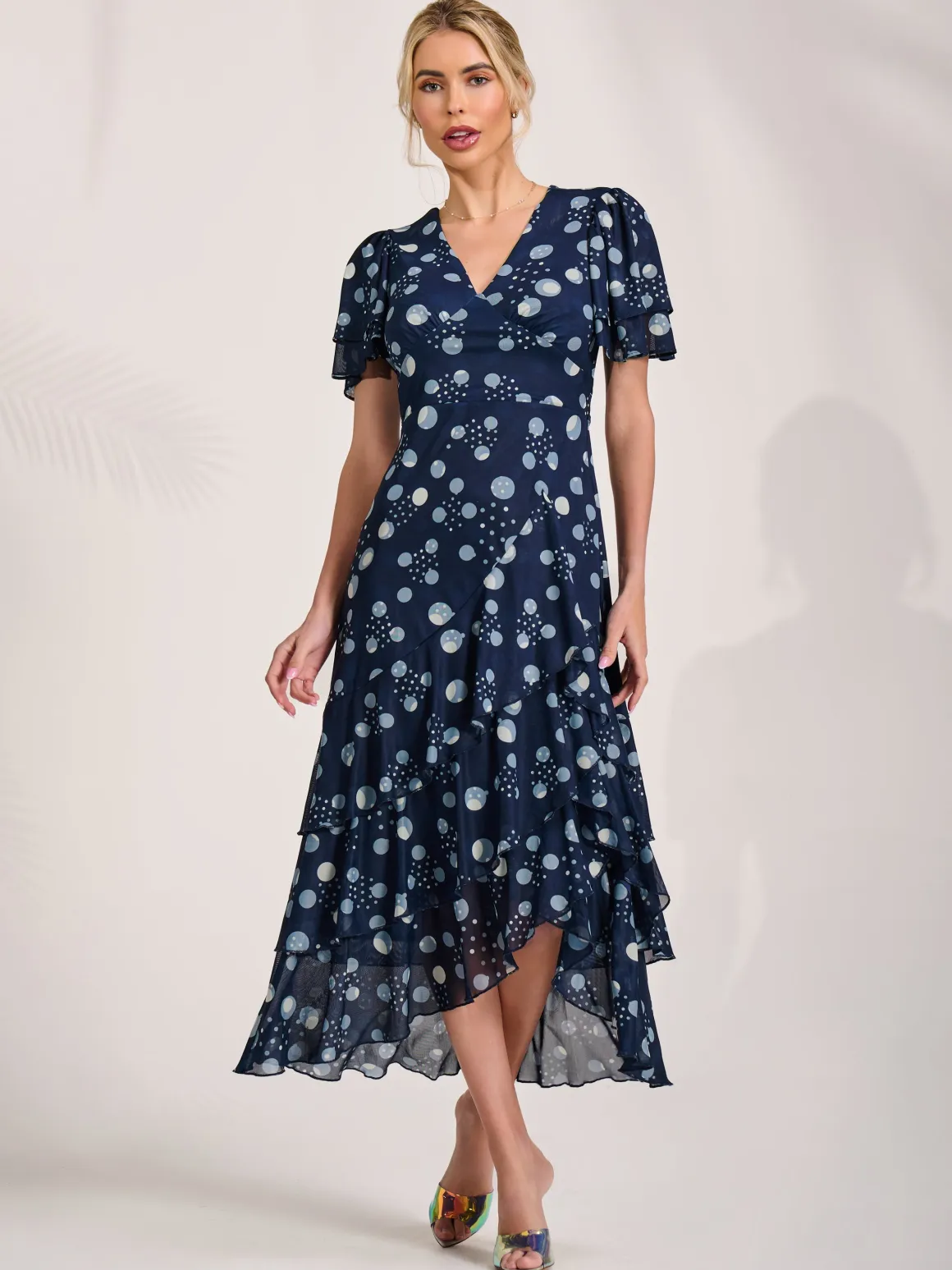 Angel Sleeve Ruffle Hem Mesh Midaxi Dress, Navy Spot
