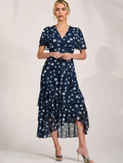 Angel Sleeve Ruffle Hem Mesh Midaxi Dress, Navy Spot