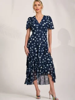 Angel Sleeve Ruffle Hem Mesh Midaxi Dress, Navy Spot