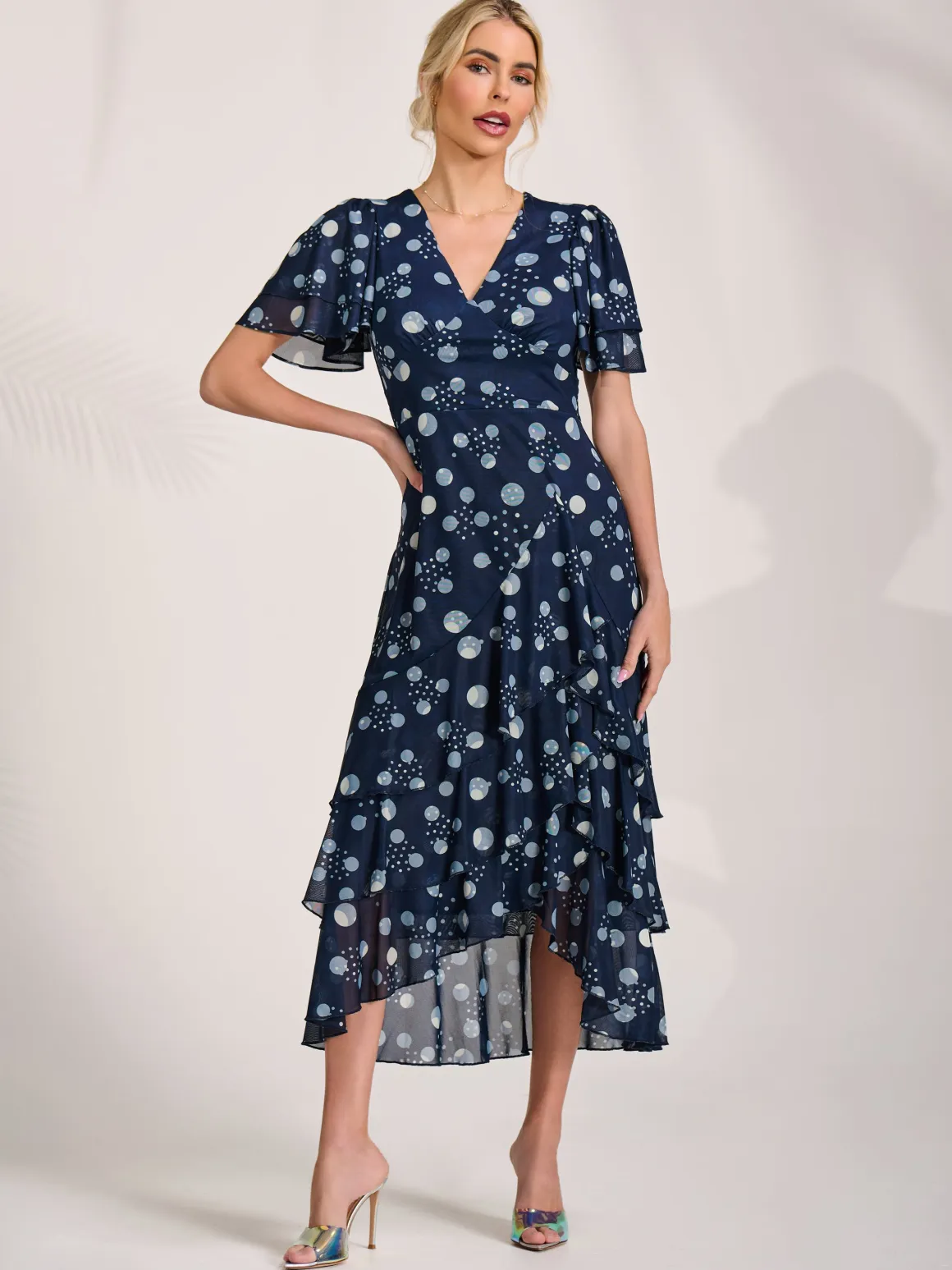 Angel Sleeve Ruffle Hem Mesh Midaxi Dress, Navy Spot