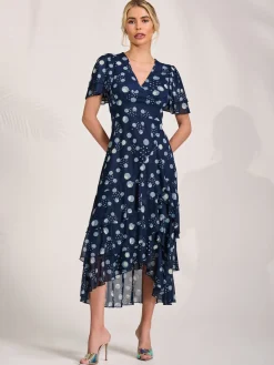 Angel Sleeve Ruffle Hem Mesh Midaxi Dress, Navy Spot