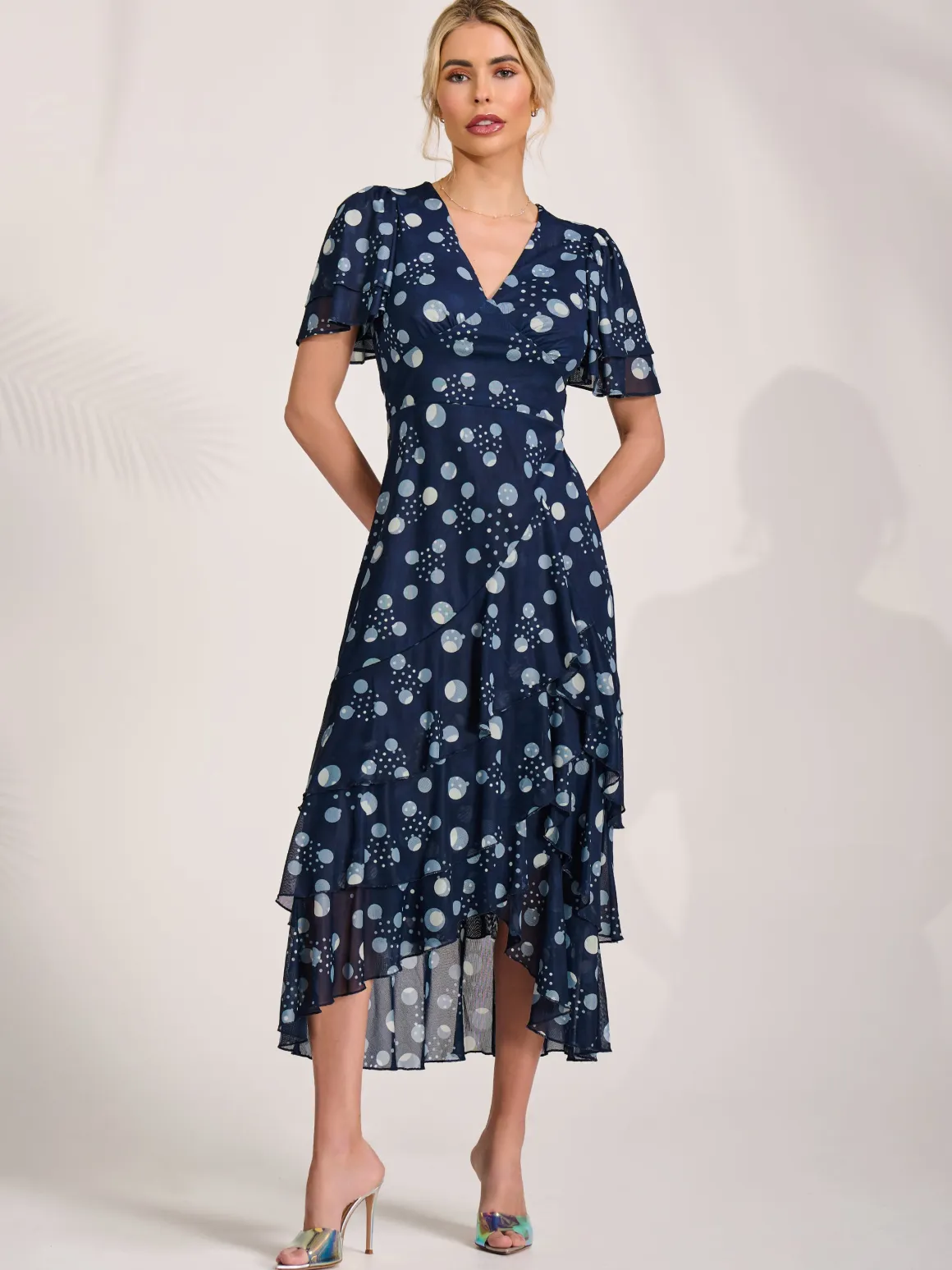 Angel Sleeve Ruffle Hem Mesh Midaxi Dress, Navy Spot
