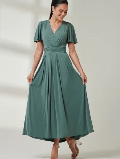Angel Sleeve Super-Smooth Jersey Maxi Dress, Pleat Green