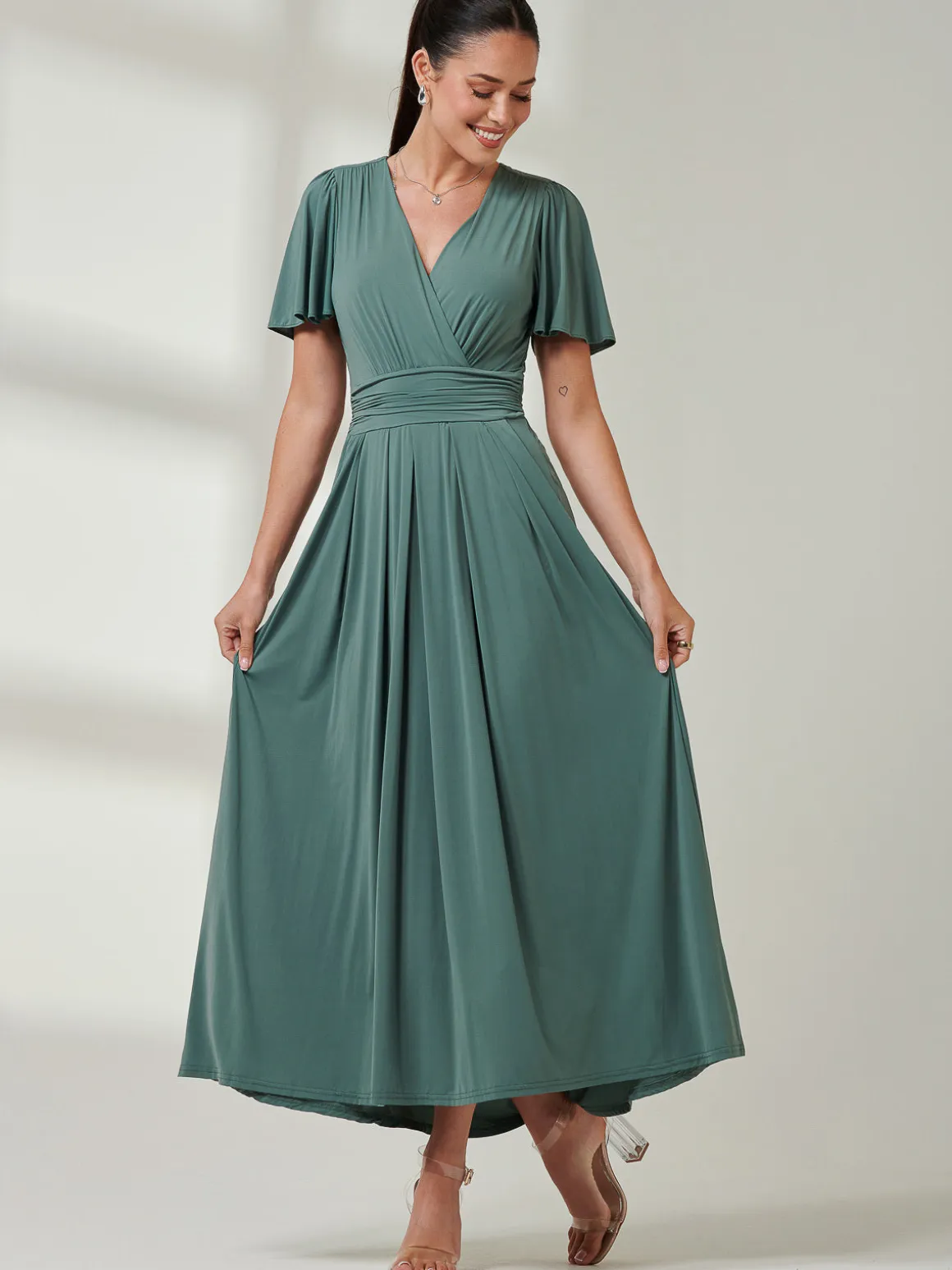 Angel Sleeve Super-Smooth Jersey Maxi Dress, Pleat Green