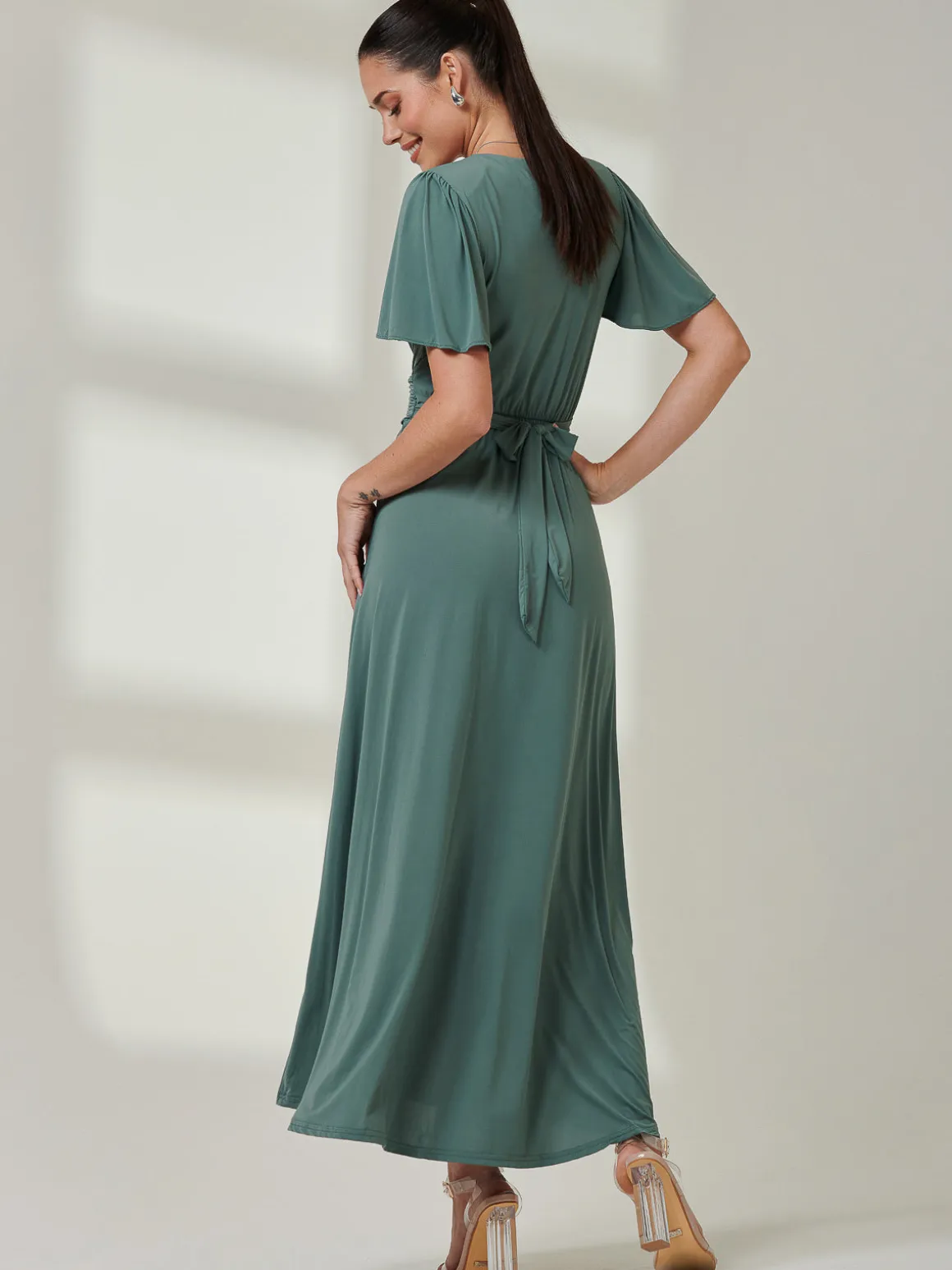 Angel Sleeve Super-Smooth Jersey Maxi Dress, Pleat Green