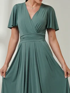Angel Sleeve Super-Smooth Jersey Maxi Dress, Pleat Green