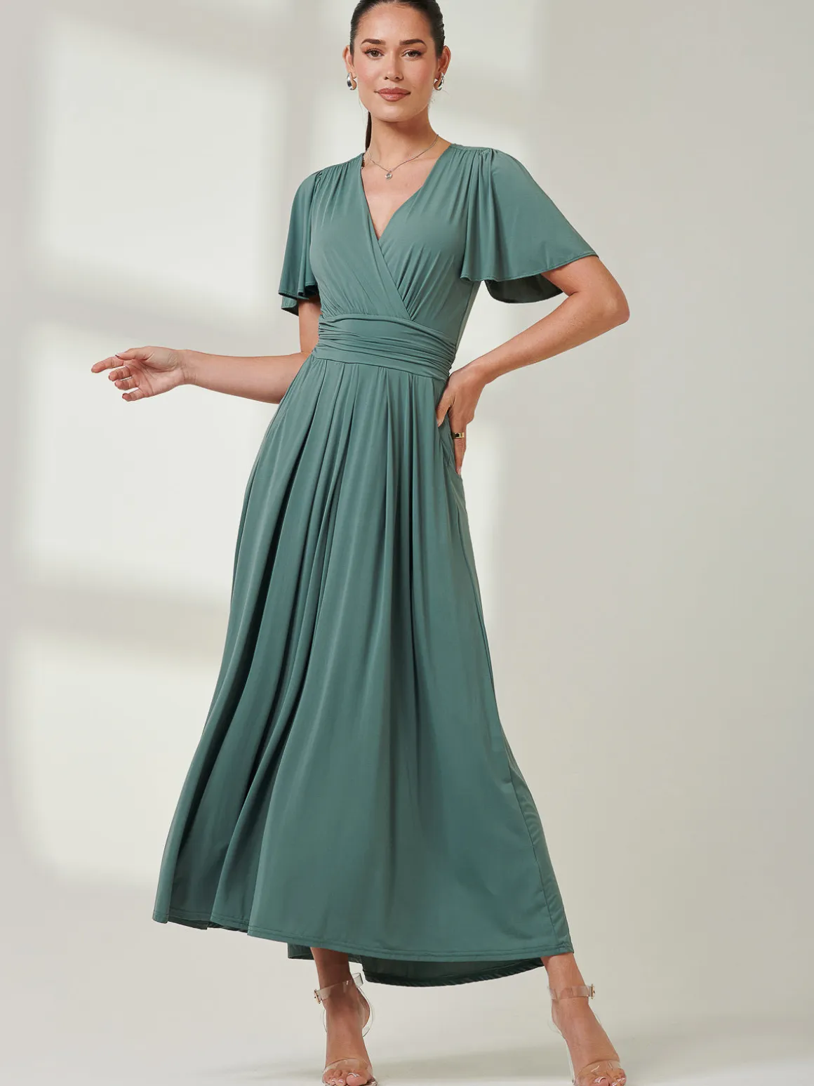 Angel Sleeve Super-Smooth Jersey Maxi Dress, Pleat Green
