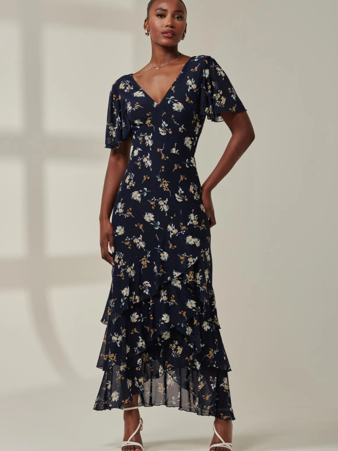Angel Sleeve Tiered Hem Maxi Dress, Navy Floral