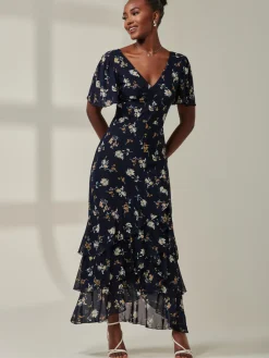 Angel Sleeve Tiered Hem Maxi Dress, Navy Floral