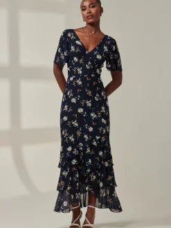 Angel Sleeve Tiered Hem Maxi Dress, Navy Floral