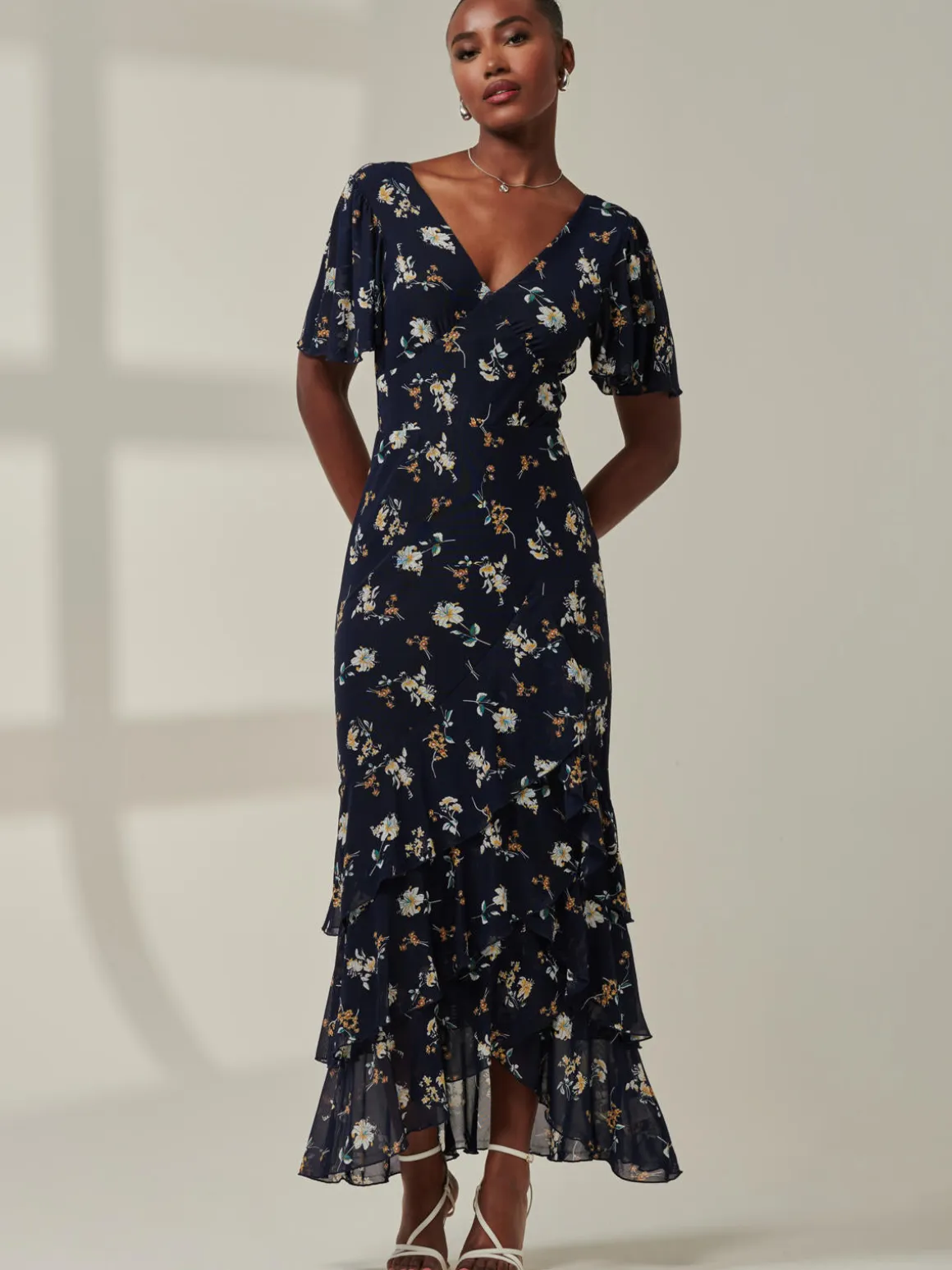 Angel Sleeve Tiered Hem Maxi Dress, Navy Floral