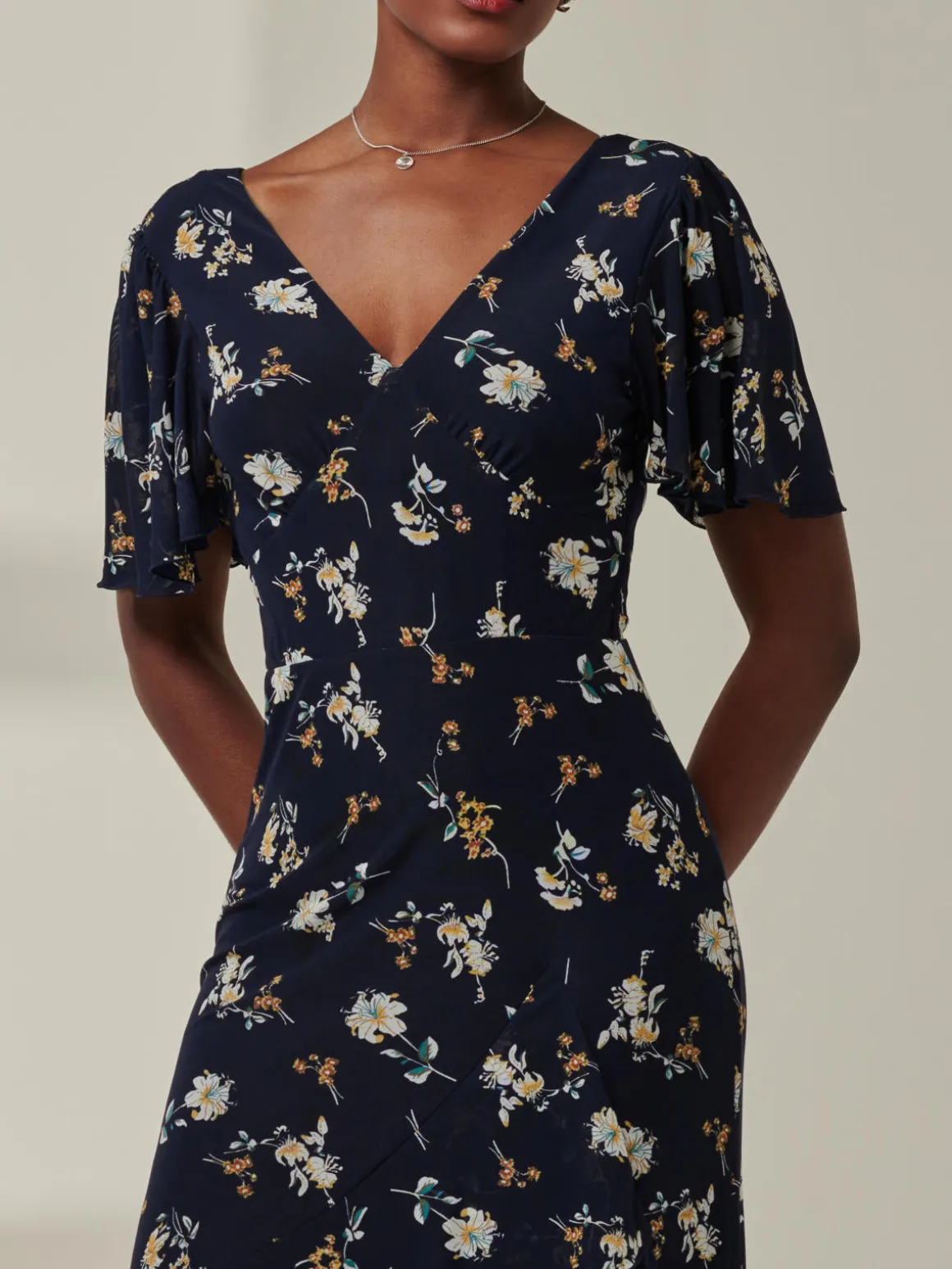 Angel Sleeve Tiered Hem Maxi Dress, Navy Floral