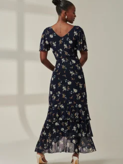 Angel Sleeve Tiered Hem Maxi Dress, Navy Floral