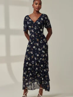 Angel Sleeve Tiered Hem Maxi Dress, Navy Floral
