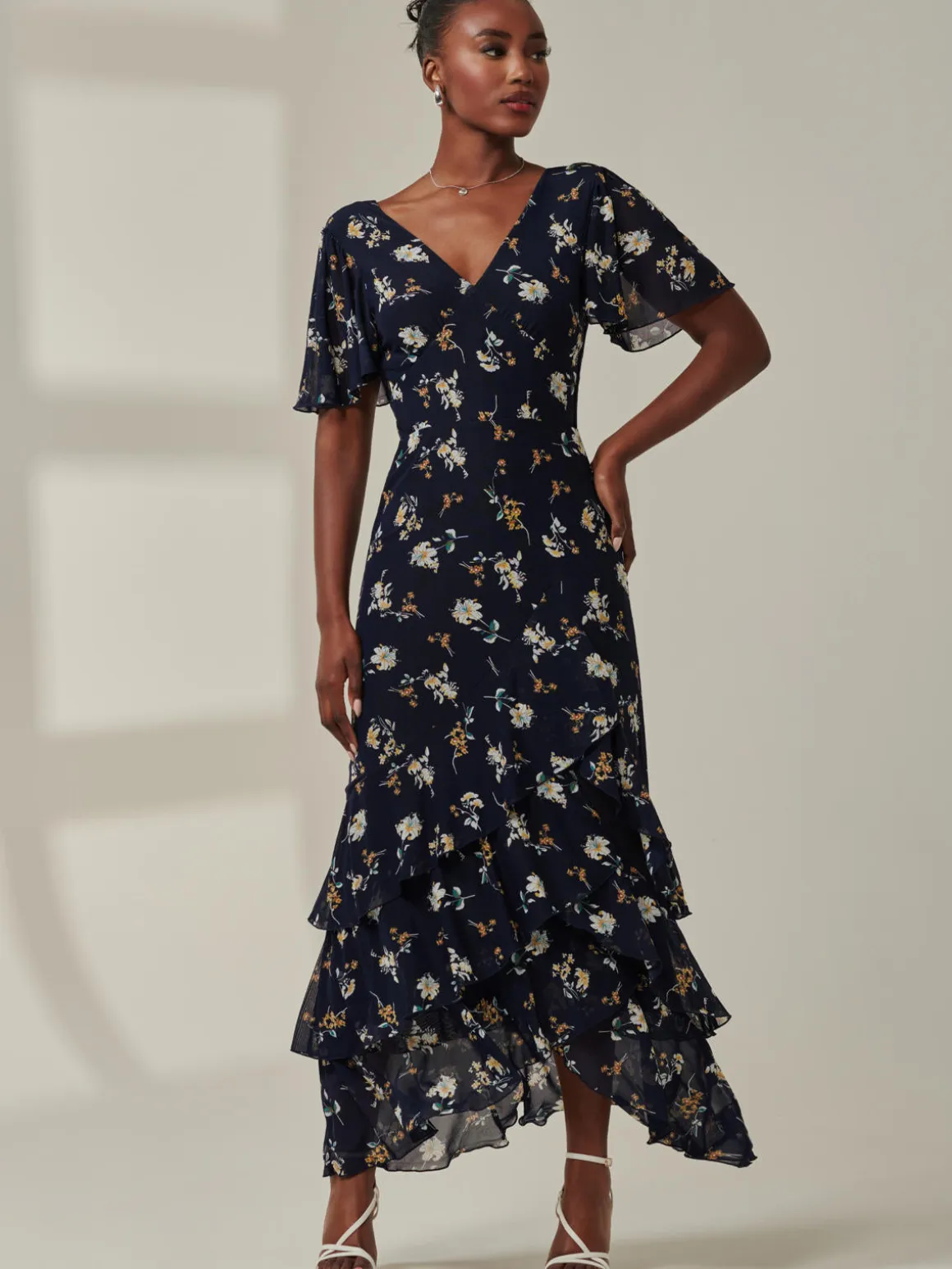 Angel Sleeve Tiered Hem Maxi Dress, Navy Floral
