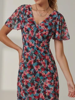 Angel Sleeve Tiered Hem Maxi Dress, Teal Multi