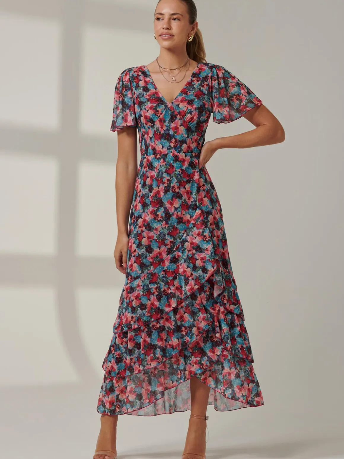 Angel Sleeve Tiered Hem Maxi Dress, Teal Multi