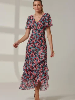 Angel Sleeve Tiered Hem Maxi Dress, Teal Multi