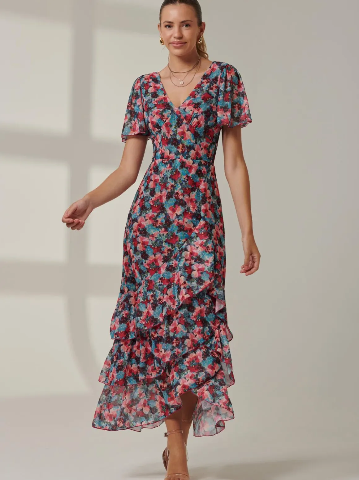 Angel Sleeve Tiered Hem Maxi Dress, Teal Multi