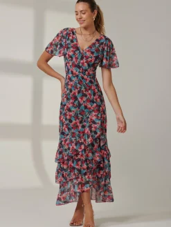 Angel Sleeve Tiered Hem Maxi Dress, Teal Multi