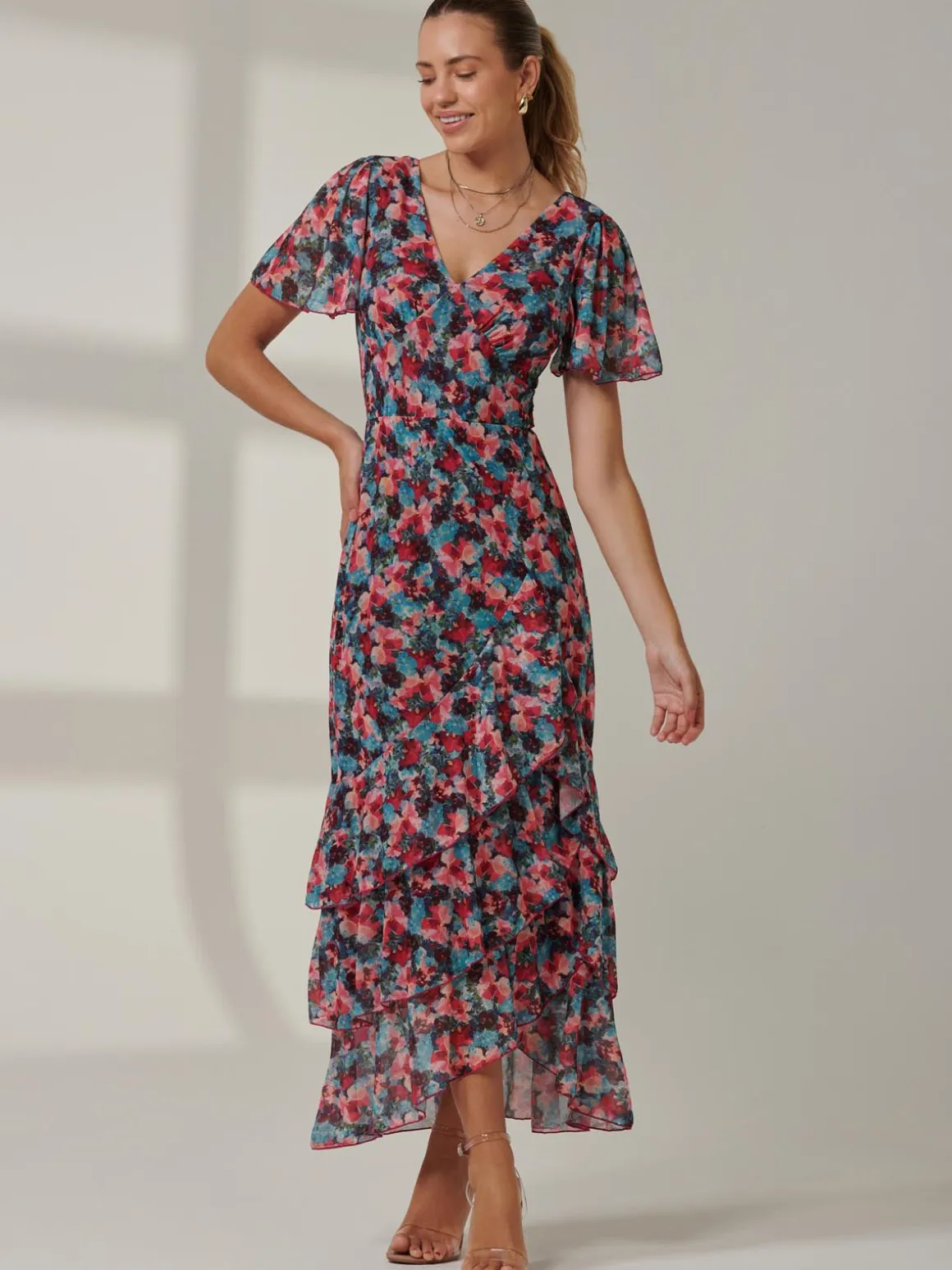 Angel Sleeve Tiered Hem Maxi Dress, Teal Multi