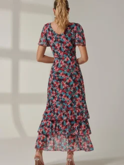 Angel Sleeve Tiered Hem Maxi Dress, Teal Multi