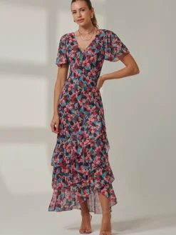 Angel Sleeve Tiered Hem Maxi Dress, Teal Multi