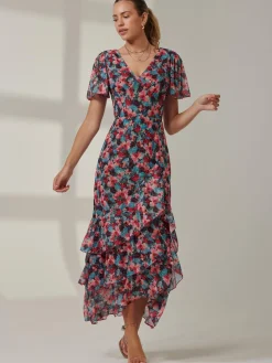 Angel Sleeve Tiered Hem Maxi Dress, Teal Multi