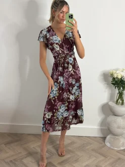 Angel Sleeve V-Neck Midi Dress, Dark Red