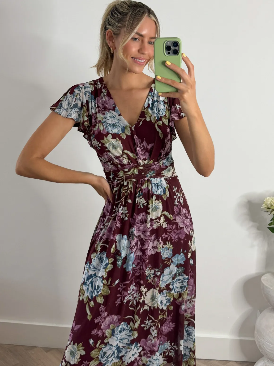 Angel Sleeve V-Neck Midi Dress, Dark Red