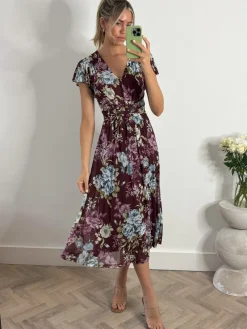 Angel Sleeve V-Neck Midi Dress, Dark Red