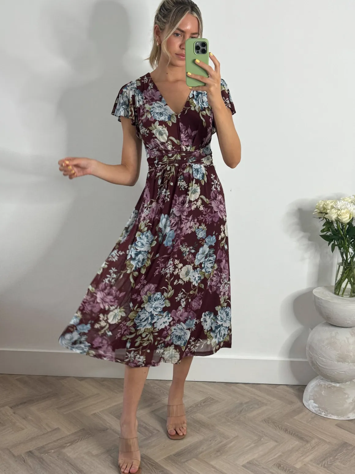 Angel Sleeve V-Neck Midi Dress, Dark Red