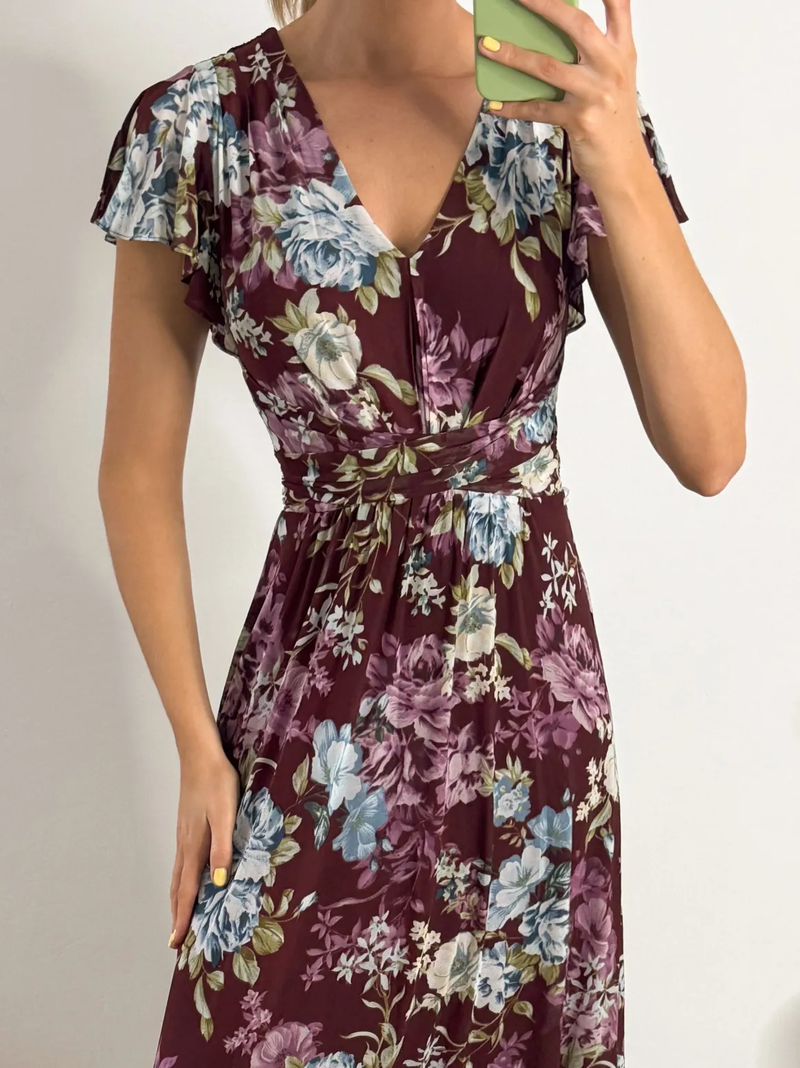 Angel Sleeve V-Neck Midi Dress, Dark Red