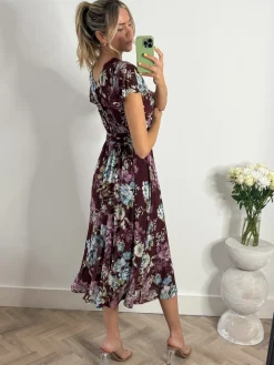 Angel Sleeve V-Neck Midi Dress, Dark Red