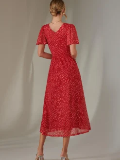 Angel Sleeve Wrap Bodice Mesh Maxi Dress, Red Geo