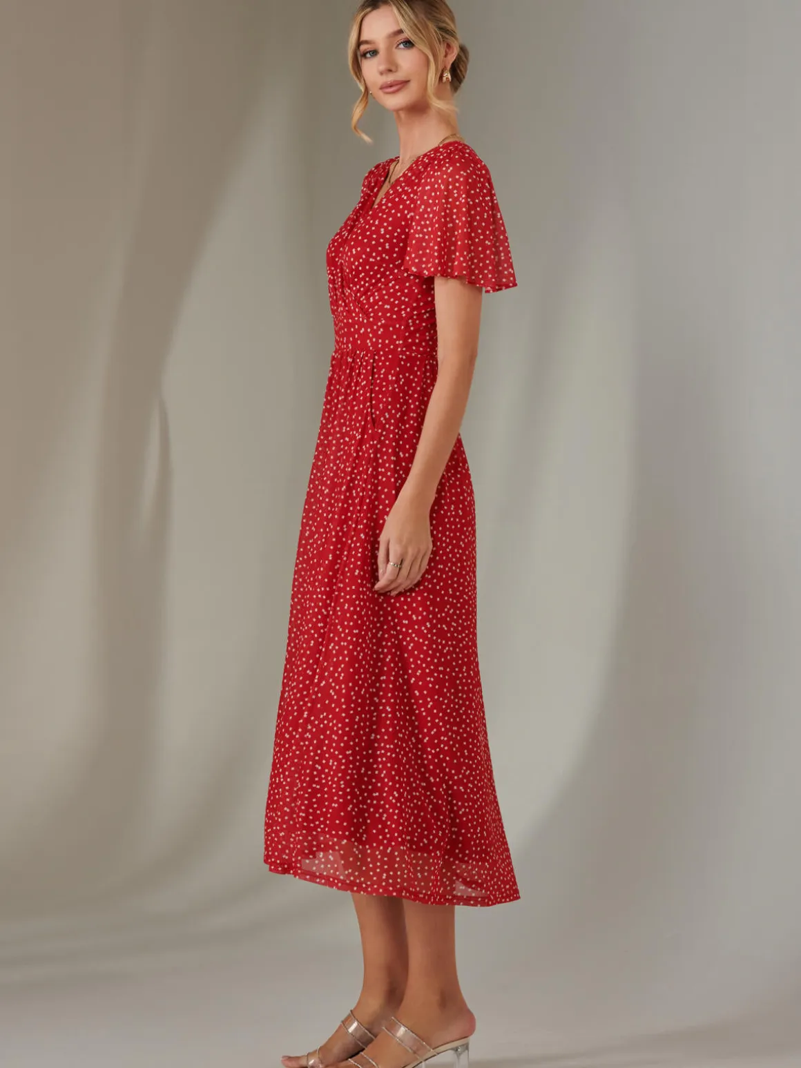 Angel Sleeve Wrap Bodice Mesh Maxi Dress, Red Geo