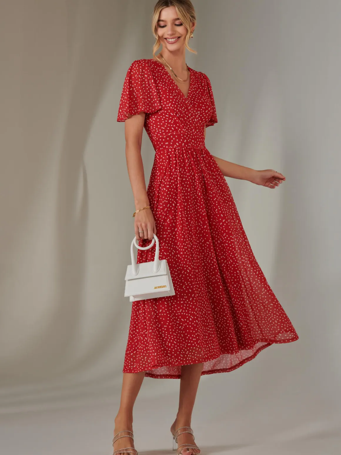 Angel Sleeve Wrap Bodice Mesh Maxi Dress, Red Geo