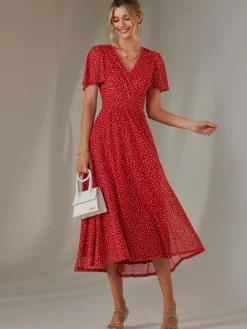 Angel Sleeve Wrap Bodice Mesh Maxi Dress, Red Geo