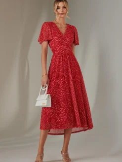 Angel Sleeve Wrap Bodice Mesh Maxi Dress, Red Geo