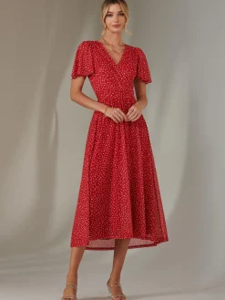 Angel Sleeve Wrap Bodice Mesh Maxi Dress, Red Geo
